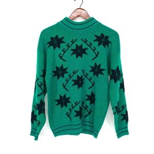 Vintage Kate Collins Emerald Green Metallic & Black Poinsettia Mock Neck Sweater
